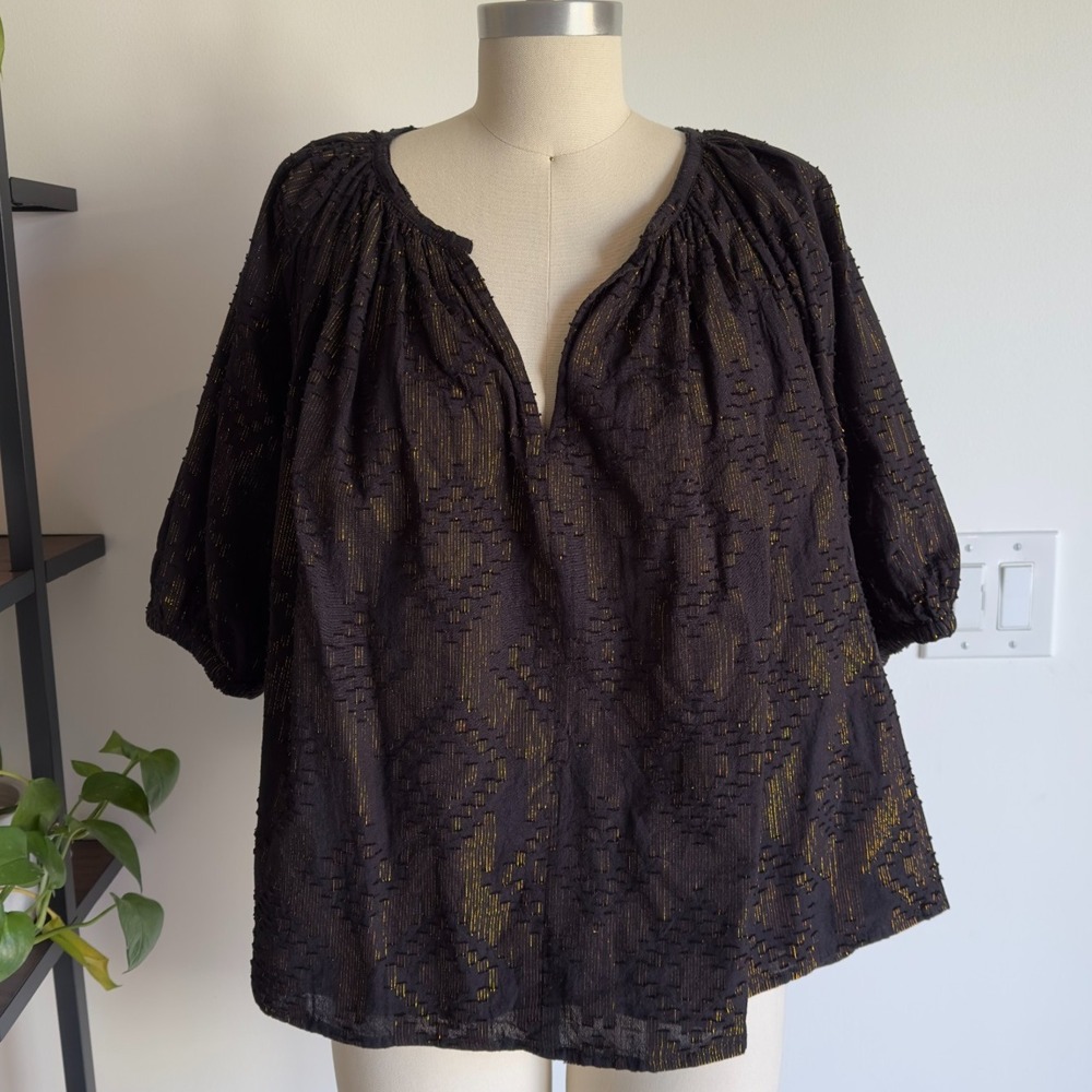 ROBERTA ROLLER RABBIT Metallic Gold/Black V-Neck Peasant Blouse-Size L-RRP $158